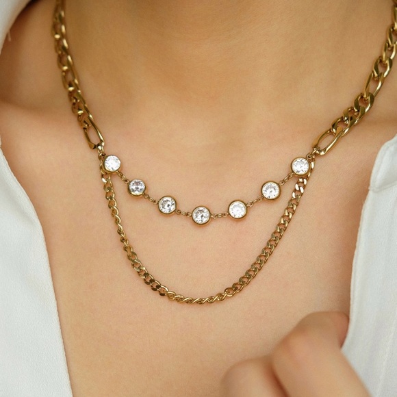 Jewelry - Zirconia Layer Link Chain Necklace | 18K Gold Plated Stainless Steel